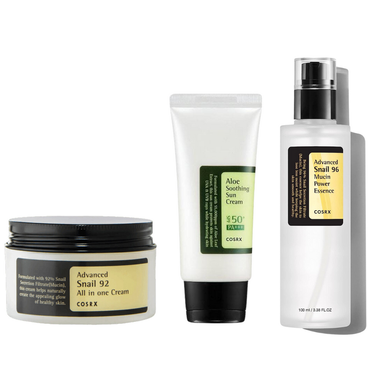 COSRX Ultimate Skincare Trio: Snail Mucin Essence, Aloe SPF50+ Sunscreen & Advanced Snail Cream