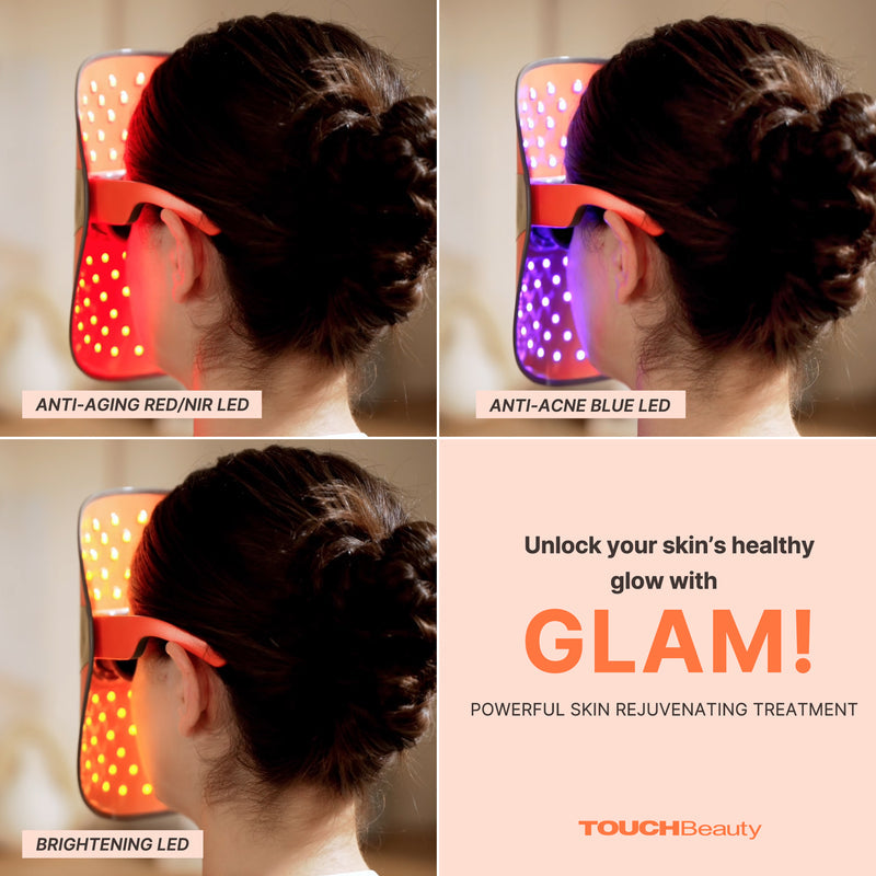 LED Face Mask – 3-Color Light Therapy for Acne, Wrinkles & Glowing Skin | Wireless, Eye-Safe, Fast Results | TOUCHBeauty™ GLAM