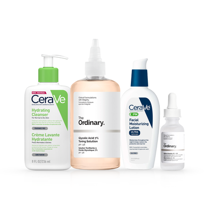 Glow Starter Routine set: CeraVe Hydrating Cleanser, The Ordinary Glycolic Acid 7% Toning Solution, CeraVe PM Facial Moisturizing Lotion, The Ordinary Alpha Arbutin 2% + HA