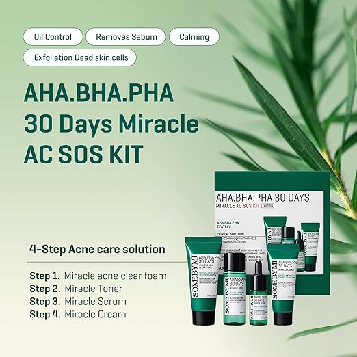 Some By Mi AHA BHA PHA 30Days Miracle AC SOS Kit | Includes Toner 1.01Oz + Serum 0.33Oz + Cream 0.7Oz + Foam 1.01Oz
