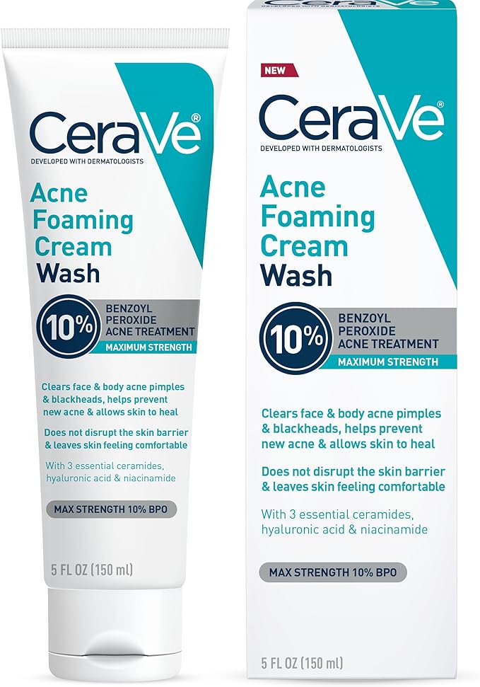 CeraVe Acne Foaming Cream Wash with 10% Benzoyl Peroxide for Face and Body , 150 ml, 5 Oz | CVS