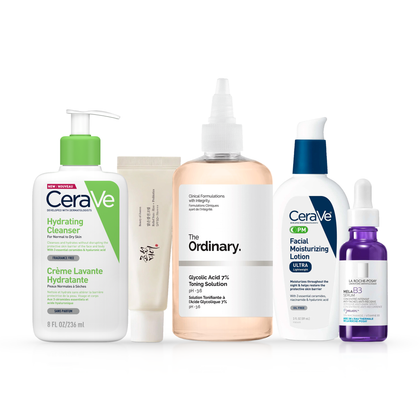Complete Glow Routine set: CeraVe Hydrating Cleanser, Beauty of Joseon Relief Sun SPF50+, The Ordinary Glycolic Acid 7% Toning Solution, CeraVe PM Facial Moisturizing Lotion, La Roche-Posay Mela B3 Serum