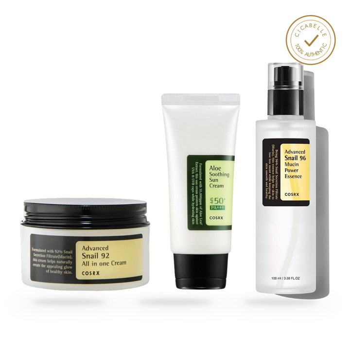 COSRX Ultimate Skincare Trio: Snail Mucin Essence, Aloe SPF50+ Sunscreen & Advanced Snail Cream — 100% authentic