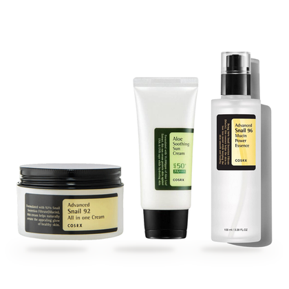 COSRX Ultimate Skincare Trio: Snail Mucin Essence, Aloe SPF50+ Sunscreen & Advanced Snail Cream — full set