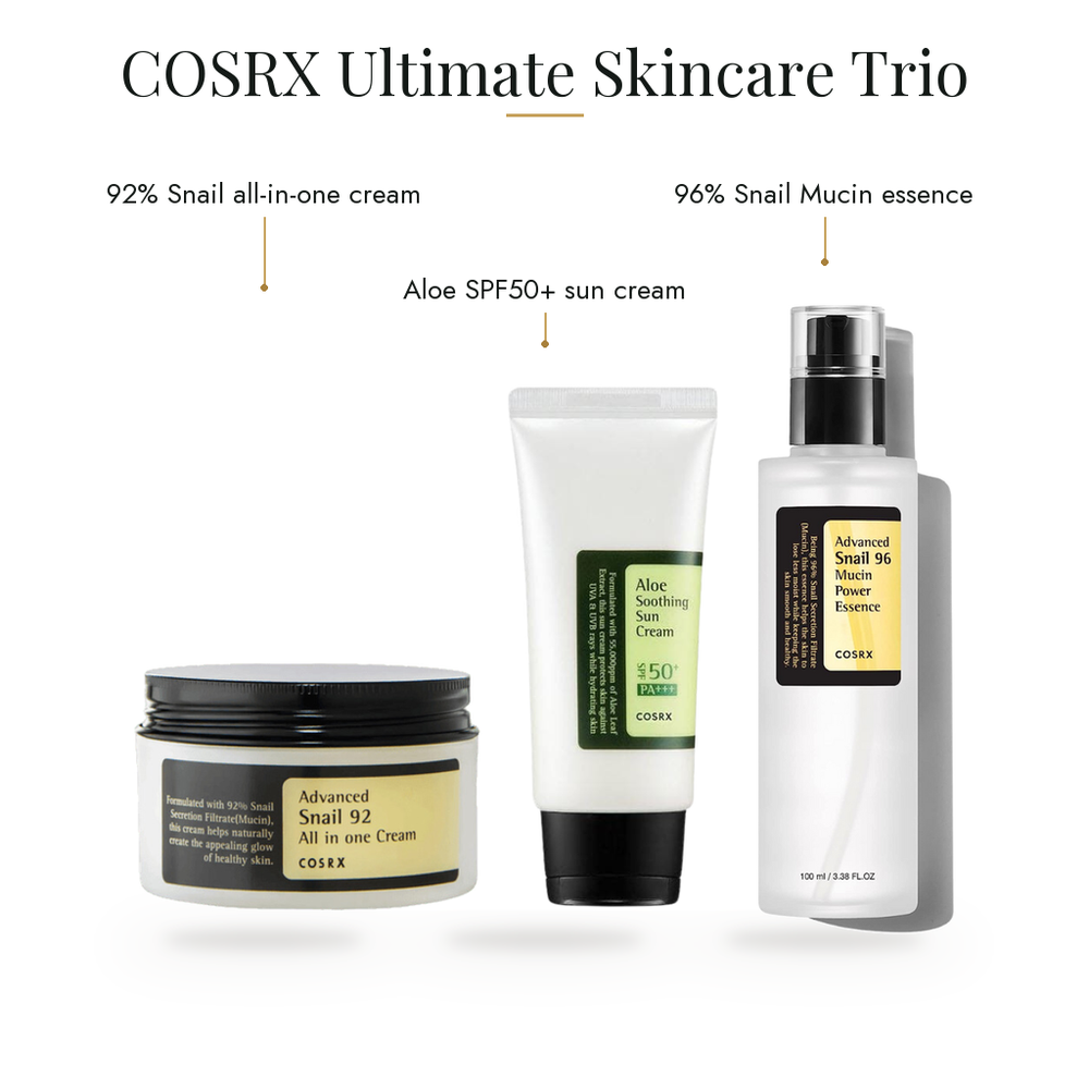 COSRX Ultimate Skincare Trio: Snail Mucin Essence, Aloe SPF50+ Sunscreen & Advanced Snail Cream — what's inside & benefits