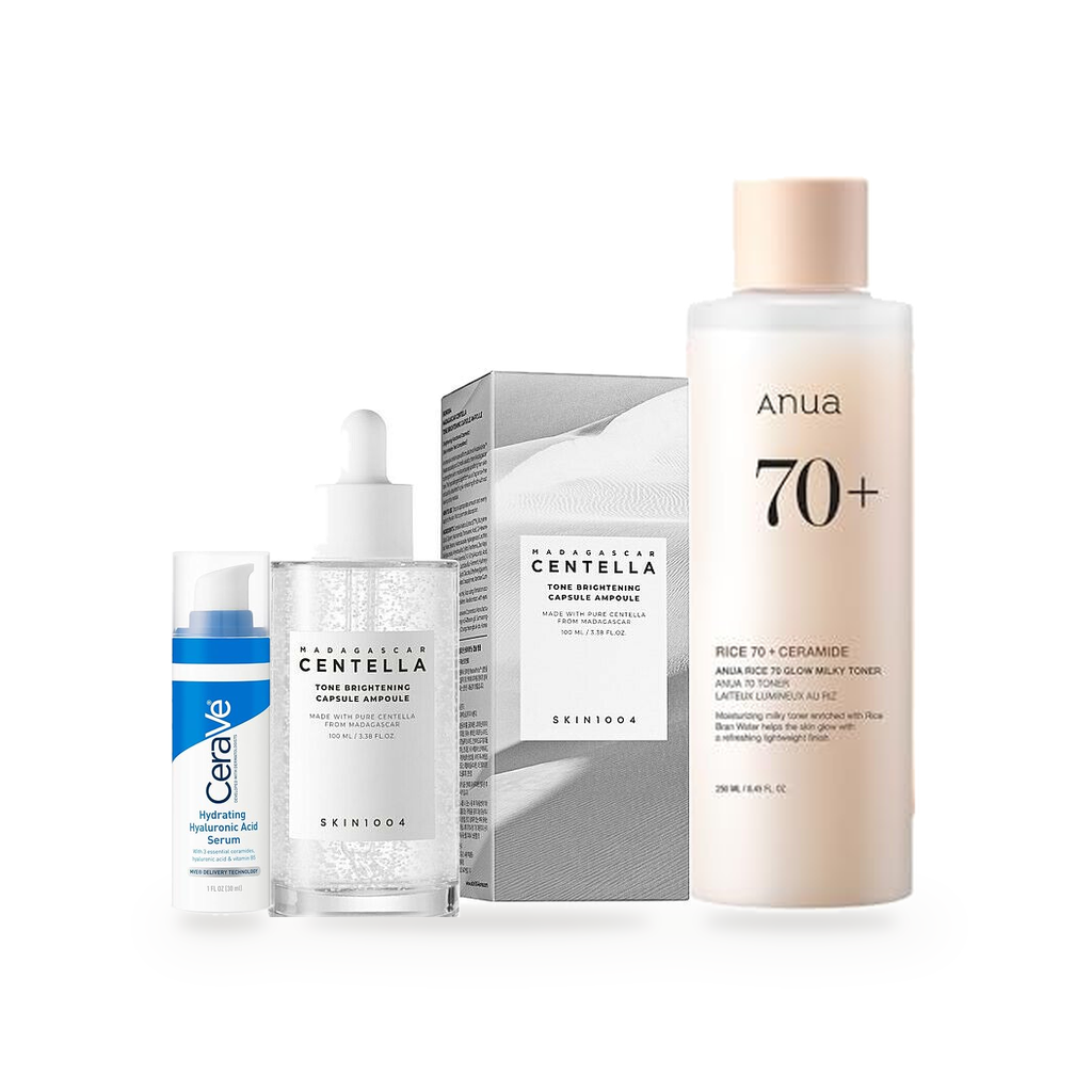 K-Beauty Discovery Set – 3-Piece: SKIN1004 Ampoule + Anua Rice Toner + CeraVe HA Serum — full set