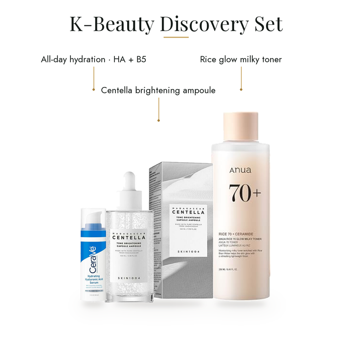 K-Beauty Discovery Set – 3-Piece: SKIN1004 Ampoule + Anua Rice Toner + CeraVe HA Serum — what's inside & benefits