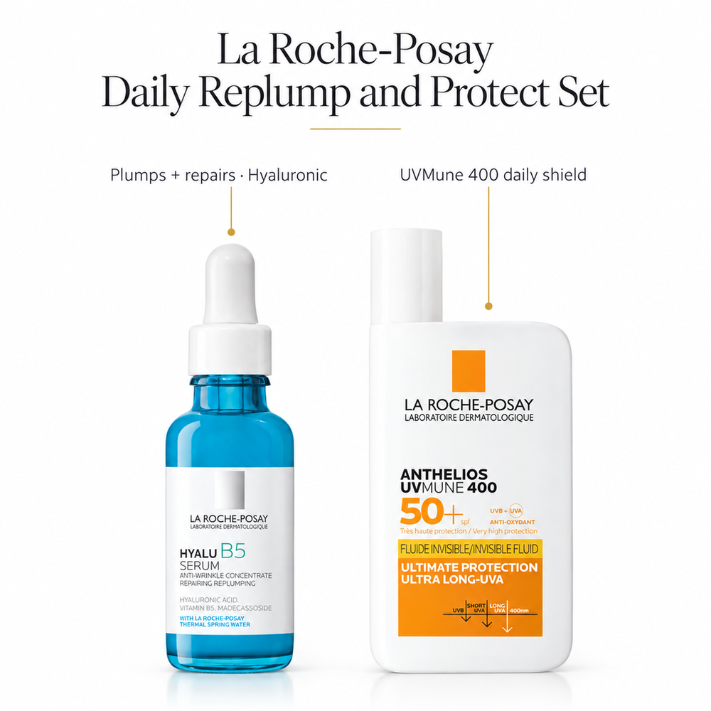 La Roche-Posay Daily Replump and Protect Set: Hyalu B5 Hyaluronic Acid Serum + SPF50+ — what's inside & benefits