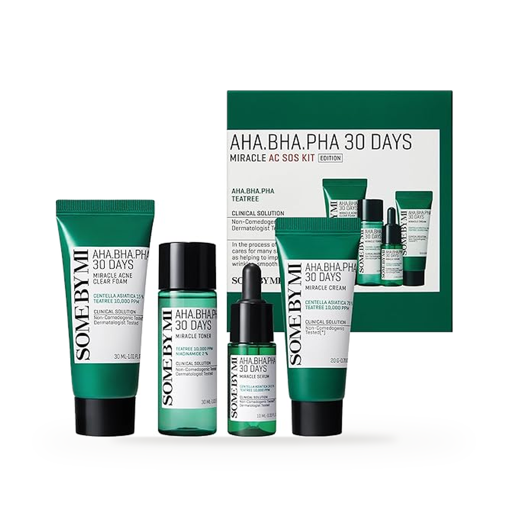 Some By Mi AHA BHA PHA 30Days Miracle AC SOS Kit | Includes Toner 1.01Oz + Serum 0.33Oz + Cream 0.7Oz + Foam 1.01Oz — full set