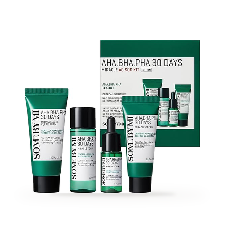 Some By Mi AHA BHA PHA 30Days Miracle AC SOS Kit | Includes Toner 1.01Oz + Serum 0.33Oz + Cream 0.7Oz + Foam 1.01Oz — full set