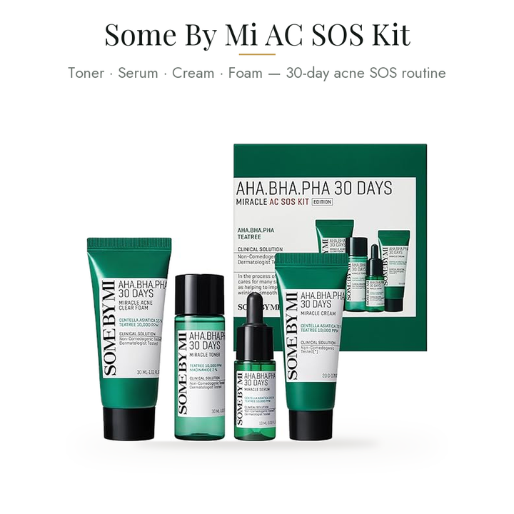Some By Mi AHA BHA PHA 30Days Miracle AC SOS Kit | Includes Toner 1.01Oz + Serum 0.33Oz + Cream 0.7Oz + Foam 1.01Oz — what's inside & benefits