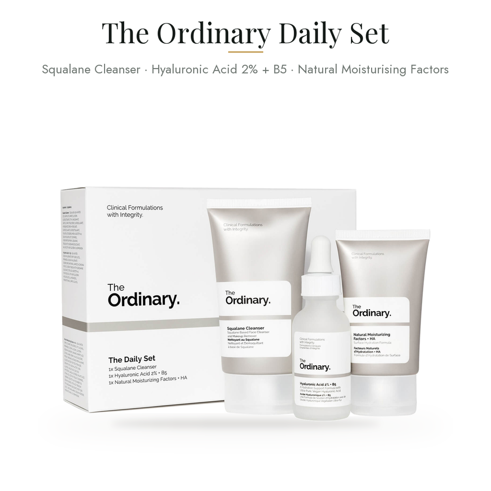 The Ordinary the Daily Set | Squalane Cleanser 50ml Hyaluronic Acid 2% + B5 30ml Natural Moisturising Factors 30ml — what's inside & benefits